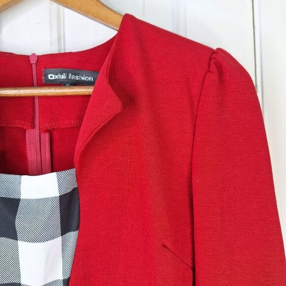 NWT Oxiuli Fashion Red Black Colorblock Checkered Long Sleeve Bodycon Dress Sz M - Picture 3 of 13